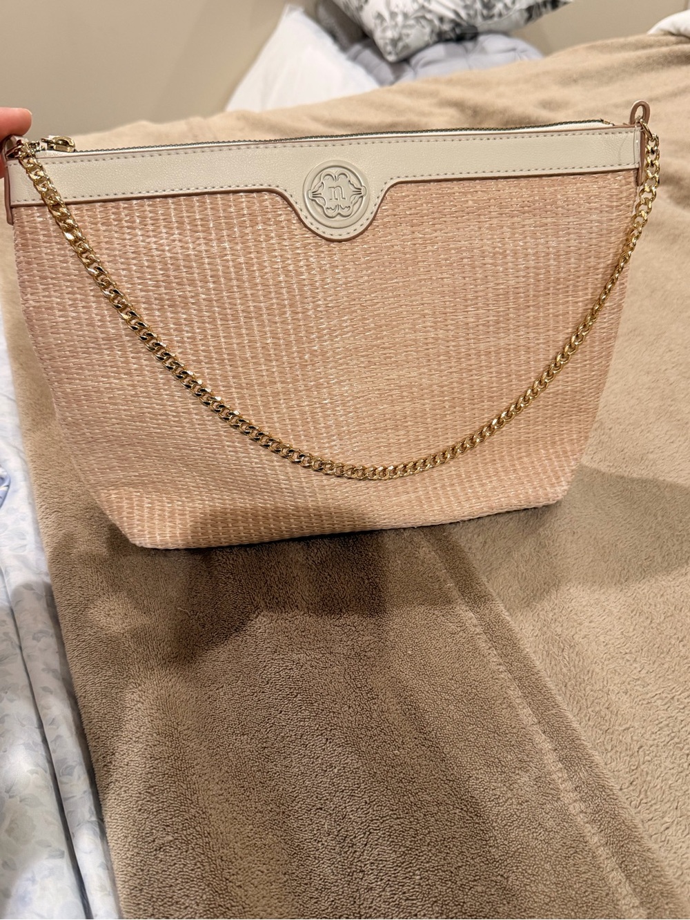 Nanette Lepore Pale Pink Woven Straw Shoulder Bag with Gold Chain